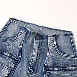 SUPER WHOLESALE | Large Pocket Patchwork Slimming Denim Pants