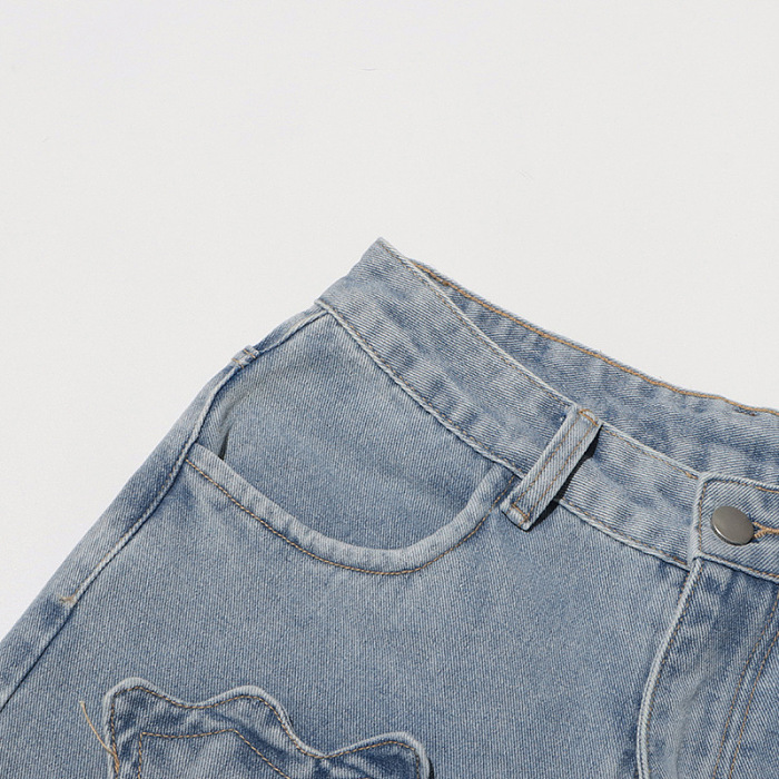 SUPER WHOLESALE |Floral Patchwork High-Waist Straight-Leg Denim Trousers