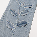 SUPER WHOLESALE |Floral Patchwork High-Waist Straight-Leg Denim Trousers
