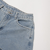 SUPER WHOLESALE |Floral Patchwork High-Waist Straight-Leg Denim Trousers