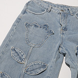 SUPER WHOLESALE |Floral Patchwork High-Waist Straight-Leg Denim Trousers