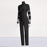 SUPER WHOLESALE | Rhinestone Slim-Fit High Neck Long Sleeve Jumpsuit