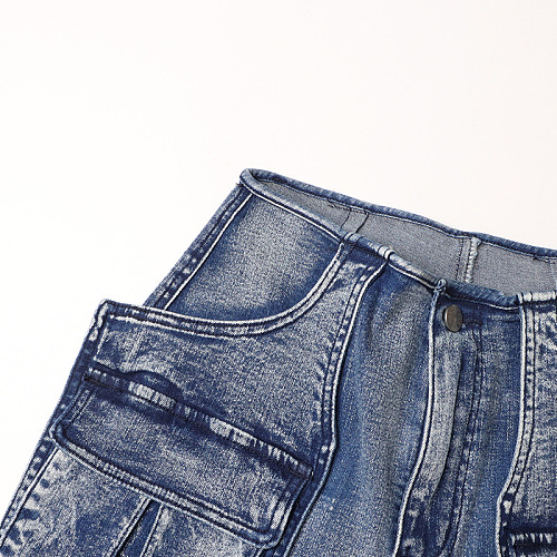 SUPER WHOLESALE | Large Pocket Patchwork Slimming Denim Pants