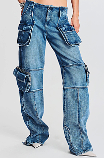 SUPER WHOLESALE | Large Pocket Patchwork Slimming Denim Pants