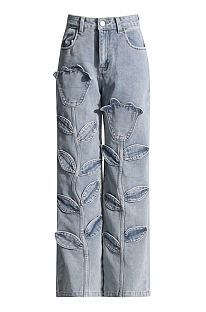 SUPER WHOLESALE |Floral Patchwork High-Waist Straight-Leg Denim Trousers