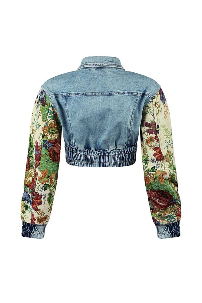 Printed Color-Block Denim Jacket and Jeans Two-Piece Set