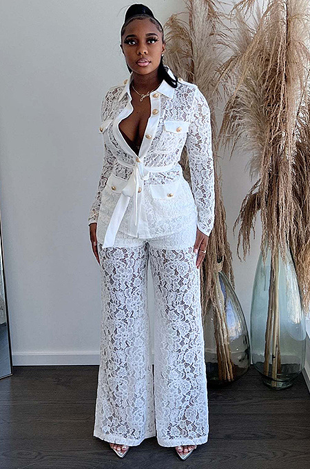 SUPER WHOLESALE | Floral Lace Collared Long-Sleeve Pants Set