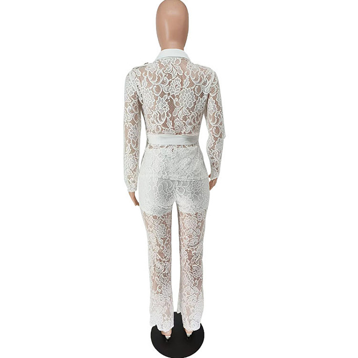 SUPER WHOLESALE | Floral Lace Collared Long-Sleeve Pants Set