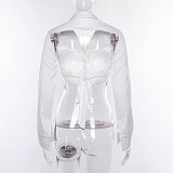 SUPER WHOLESALE | Backless Cut-Out Cardigan Long-Sleeve Tie-Front Collared T-Shirt