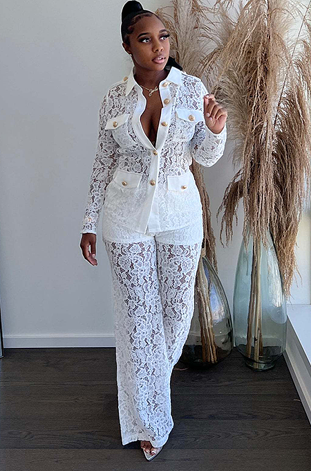 SUPER WHOLESALE | Floral Lace Collared Long-Sleeve Pants Set