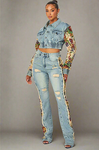 Printed Color-Block Denim Jacket and Jeans Two-Piece Set