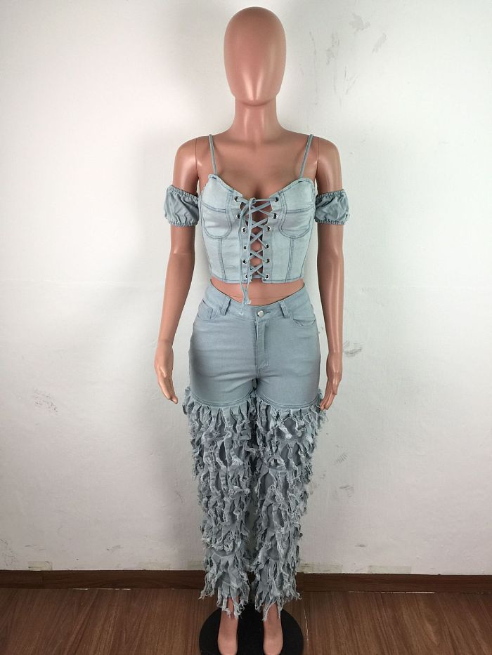 SUPER WHOLESALE | Layered Fringe Washed Denim Pants