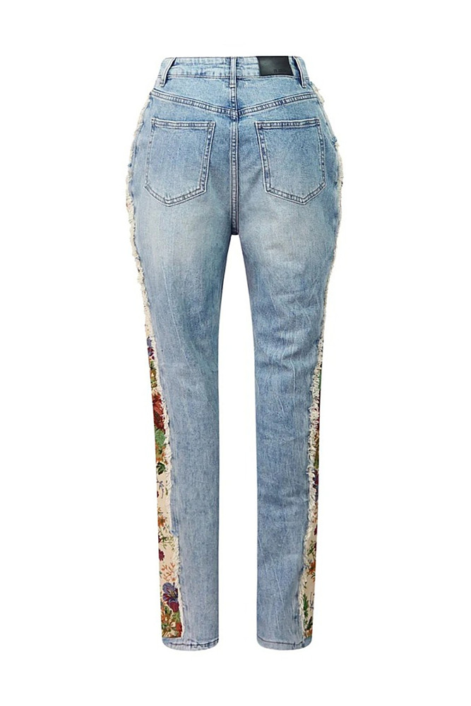 Printed Color-Block Denim Jacket and Jeans Two-Piece Set