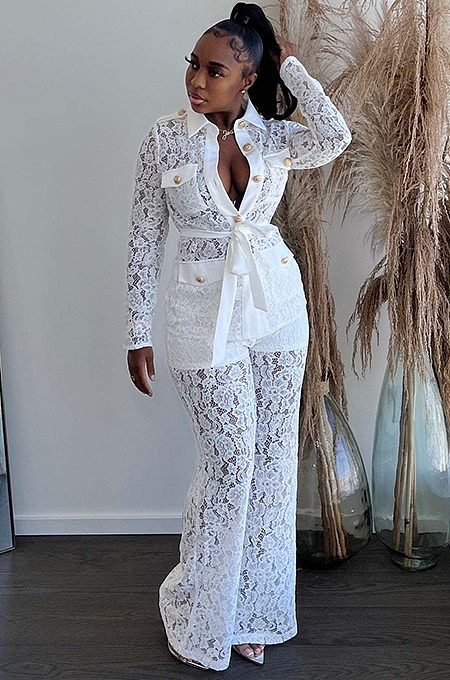 SUPER WHOLESALE | Floral Lace Collared Long-Sleeve Pants Set