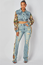 SUPER WHOLESALE | Printed Color-Block Denim Jacket and Jeans Two-Piece Set