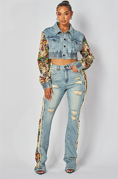 Printed Color-Block Denim Jacket and Jeans Two-Piece Set