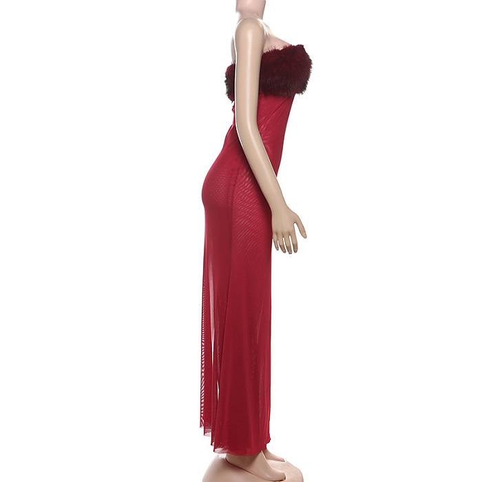 SUPER WHOLESALE | Backless Faux Fur and Mesh Cut-Out Strapless Dress
