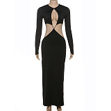 SUPER WHOLESALE | Long-Sleeve Cut-Out Bodycon Waist-Exposing Sexy Maxi Dress