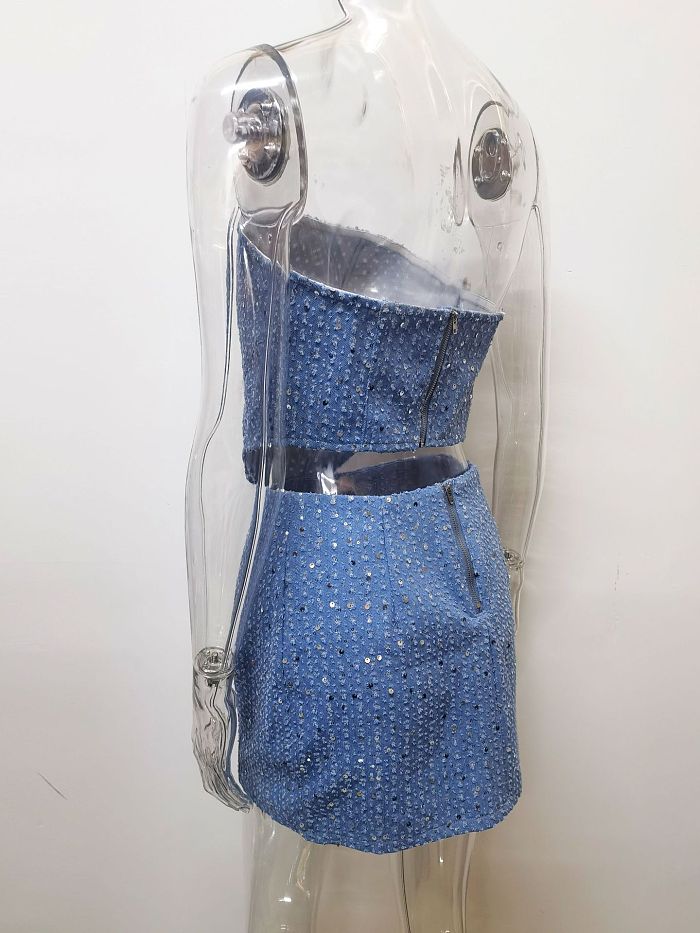 SUPER WHOLESALE |Distressed Denim Sequin Strapless Set