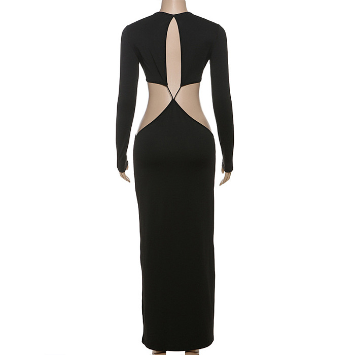 SUPER WHOLESALE | Long-Sleeve Cut-Out Bodycon Waist-Exposing Sexy Maxi Dress