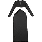 SUPER WHOLESALE | Long-Sleeve Cut-Out Bodycon Waist-Exposing Sexy Maxi Dress