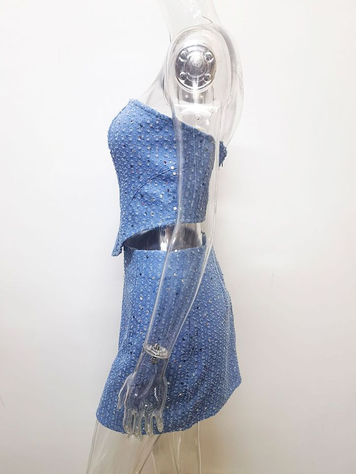 SUPER WHOLESALE |Distressed Denim Sequin Strapless Set