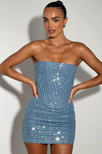 SUPER WHOLESALE |Distressed Denim Sequin Strapless Set