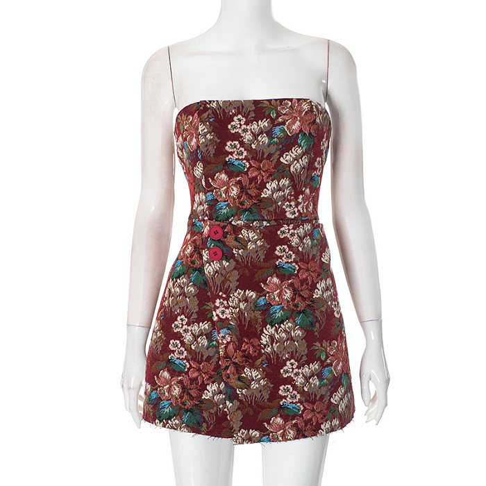 SUPER WHOLESALE |Floral Jacquard Button Strapless Dress