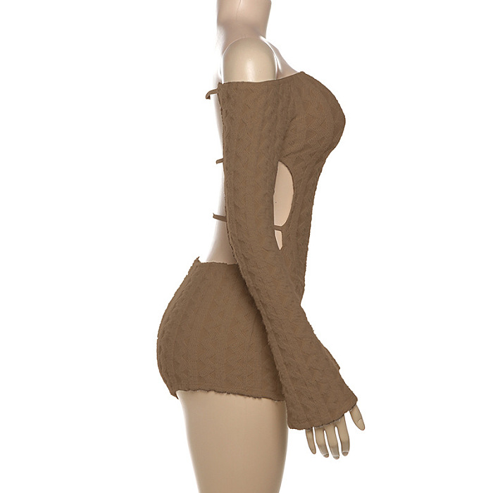 SUPER WHOLESALE | Off-Shoulder Long Sleeve High-Waist Fitted Bodysuit in Brown
