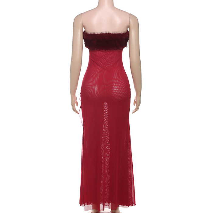SUPER WHOLESALE | Backless Faux Fur and Mesh Cut-Out Strapless Dress