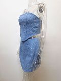 SUPER WHOLESALE |Distressed Denim Sequin Strapless Set