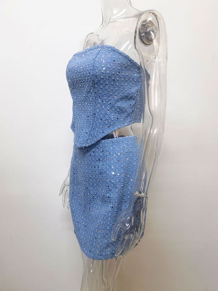 SUPER WHOLESALE |Distressed Denim Sequin Strapless Set