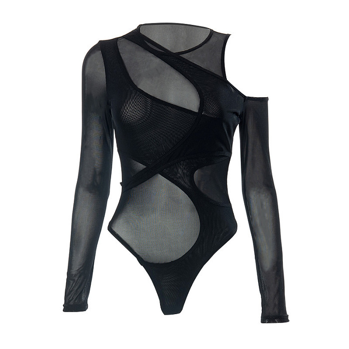 SUPER WHOLESALE |Mesh Sheer Fitted Long-Sleeve Bodysuit
