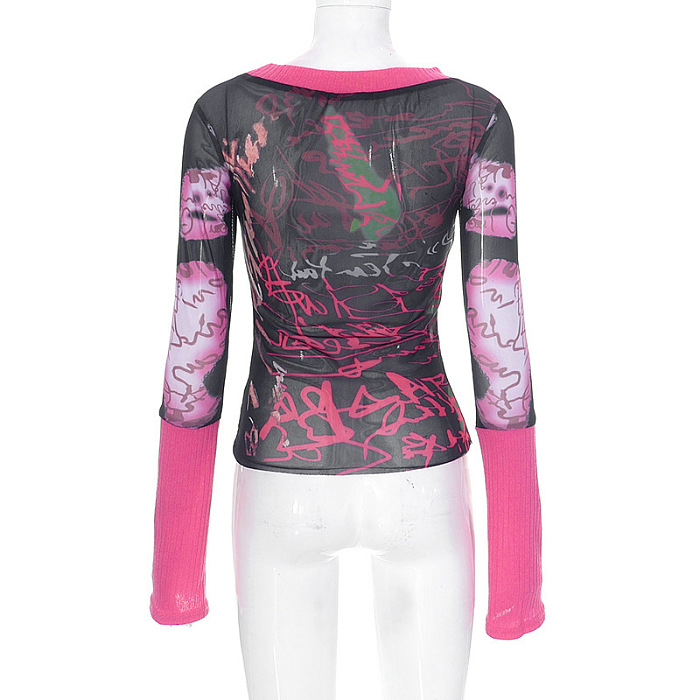 SUPER WHOLESALE | Pullover Long-Sleeve Mesh Print Women's Top
