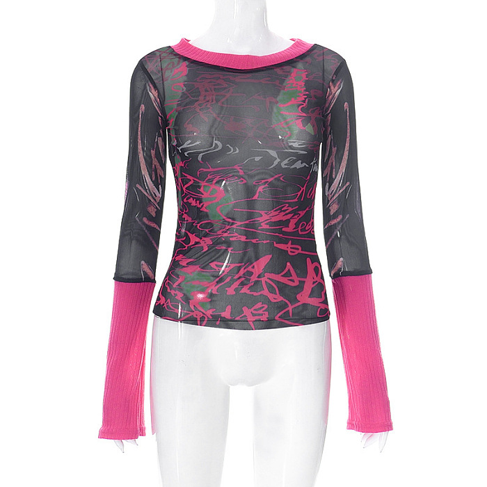 SUPER WHOLESALE | Pullover Long-Sleeve Mesh Print Women's Top