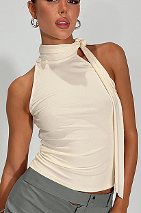SUPER WHOLESALE | Sleeveless High-Neck Tie T-Shirt Top