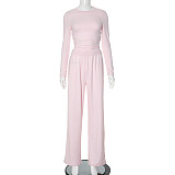 SUPER WHOLESALE |Solid Color Round Neck Long-Sleeve Wide-Leg Pants Set