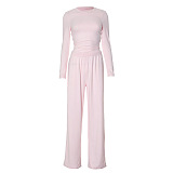 SUPER WHOLESALE |Solid Color Round Neck Long-Sleeve Wide-Leg Pants Set