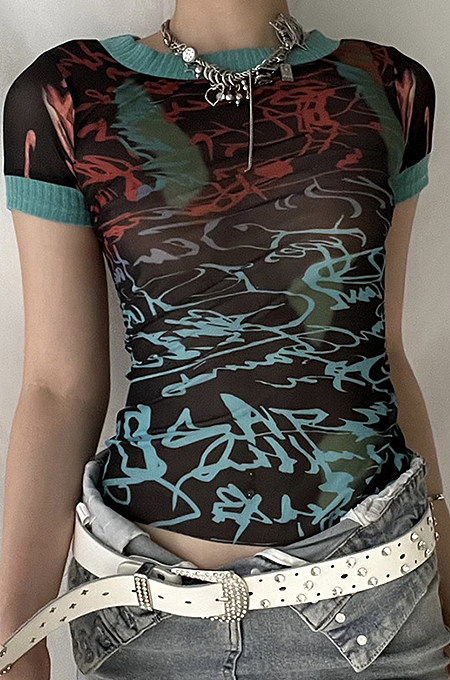 SUPER WHOLESALE | Pullover Long-Sleeve Mesh Print Women's Top