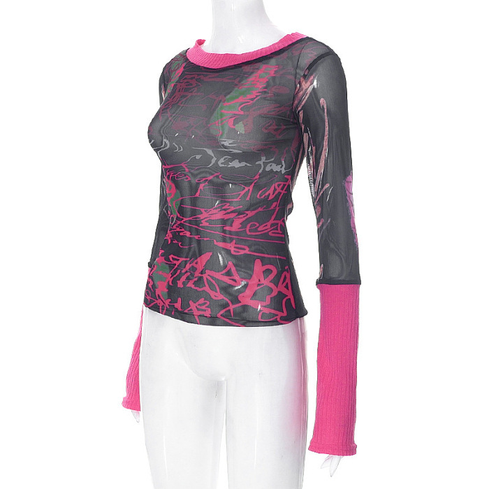 SUPER WHOLESALE | Pullover Long-Sleeve Mesh Print Women's Top