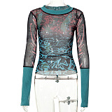 SUPER WHOLESALE | Pullover Long-Sleeve Mesh Print Women's Top