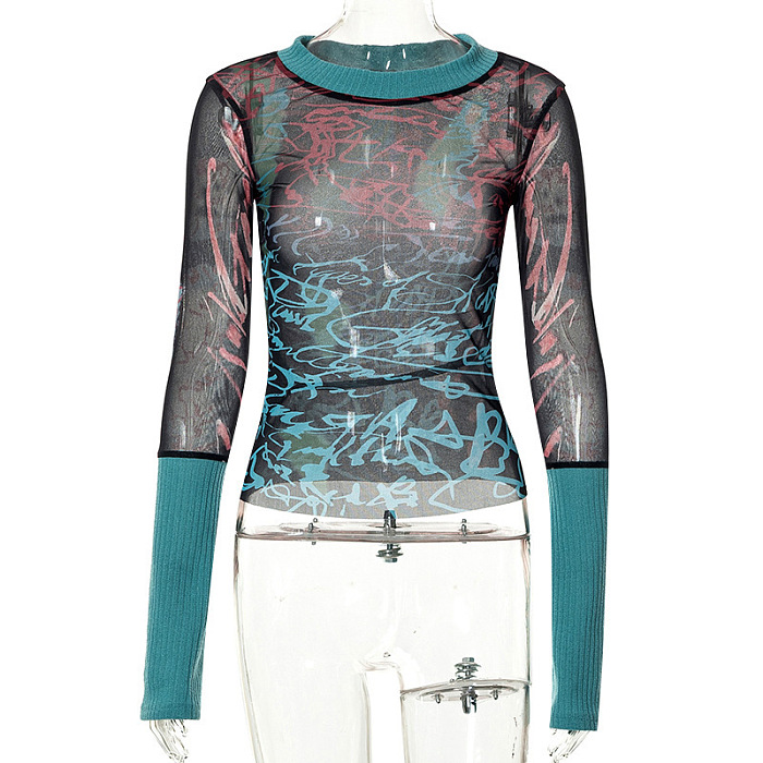 SUPER WHOLESALE | Pullover Long-Sleeve Mesh Print Women's Top