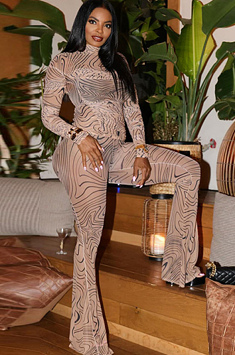 SUPER WHOLESALE | Printed Mesh Mock Neck Long-Sleeve Fitted Pants Set