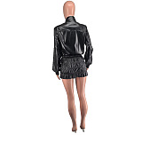 SUPER WHOLESALE | PU Leather Petite Stand Collar Skirt Set