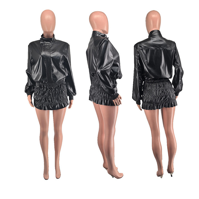 SUPER WHOLESALE | PU Leather Petite Stand Collar Skirt Set