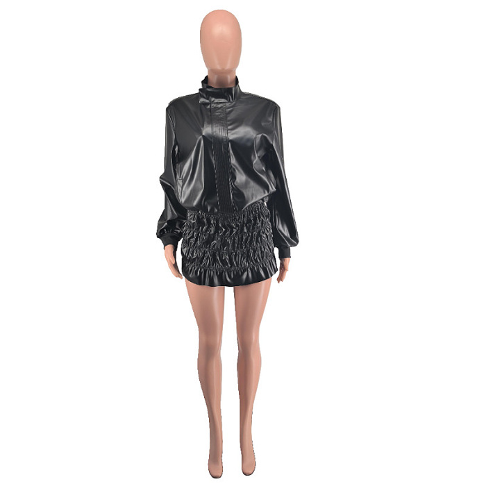SUPER WHOLESALE | PU Leather Petite Stand Collar Skirt Set