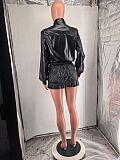 SUPER WHOLESALE | PU Leather Petite Stand Collar Skirt Set