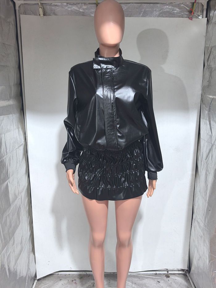 SUPER WHOLESALE | PU Leather Petite Stand Collar Skirt Set