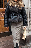 SUPER WHOLESALE | Black Belted Faux Leather and Fur Hybrid Short Coat