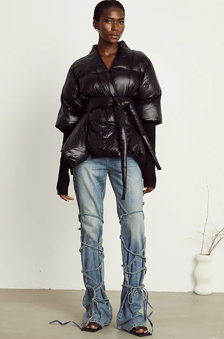 SUPER WHOLESALE | Slim-Fit Long-Sleeve Tie-Up Down Coat